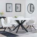 Novara White Ceramic 4 Seater Round Dining Set - 4 Arctic Cream Velvet Fabric Swivel Dining Chair