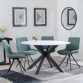 Novara White Ceramic 4 Seater Round Dining Set - 4 Boden Green Fabric Swivel Dining Chair