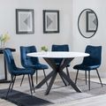 Novara White Ceramic 4 Seater Round Dining Set - 4 Corona Blue Fabric Dining Chair