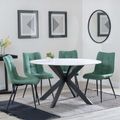 Novara White Ceramic 4 Seater Round Dining Set - 4 Corona Green Fabric Dining Chair