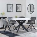 Novara White Ceramic 4 Seater Round Dining Set - 4 Ion Dark Grey Velvet Fabric Swivel Dining Chair