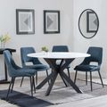 Novara White Ceramic 4 Seater Round Dining Set - 4 Peyton Blue Fabric Dining Chair