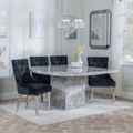 Turin Grey Marble Square Dining Set - Knocker Back Black Velvet Fabric Dining Chair with Chrome Legs