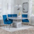 Turin Grey Marble Square Dining Set - Knocker Back Blue Velvet Fabric Dining Chair with Chrome Legs