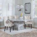 Turin Grey Marble Square Dining Set - Knocker Back Champagne Velvet Fabric Dining Chair with Black Wooden Legs