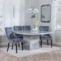 Turin Grey Marble Square Dining Set - Knocker Back Grey Velvet Fabric Dining Chair with Black Wooden Legs