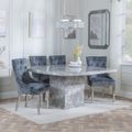 Turin Grey Marble Square Dining Set - Knocker Back Grey Velvet Fabric Dining Chair with Chrome Legs