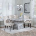 Turin Grey Marble Square Dining Set - Lion Knocker Back Champagne Velvet Fabric Dining Chair with Black Wooden Legs