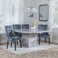 Turin Grey Marble Square Dining Set - Lion Knocker Back Grey Velvet Fabric Dining Chair with Black Wooden Legs