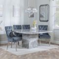 Turin Grey Marble Square Dining Set - Lion Knocker Back Grey Velvet Fabric Dining Chair with Chrome Legs