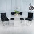 Turin White Marble Square Dining Set - Black Fabric Knocker Back Dining Chair with Chrome Legs