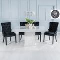 Turin White Marble Square Dining Set - Black Fabric Lion Head Ring Back Dining Chair with Black Legs