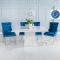 Turin White Marble Square Dining Set - Blue Fabric Knocker Back Dining Chair with Chrome Legs
