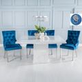 Turin White Marble Square Dining Set - Blue Fabric Lion Head Ring Back Dining Chair with Chrome Legs