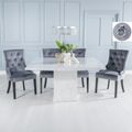 Turin White Marble Square Dining Set - Grey Fabric Knocker Back Dining Chair with Black Legs