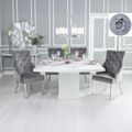 Turin White Marble Square Dining Set - Grey Fabric Knocker Back Dining Chair with Chrome Legs