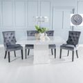 Turin White Marble Square Dining Set - Grey Fabric Lion Head Ring Back Dining Chair with Black Legs
