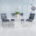 Turin White Marble Square Dining Set - Grey Fabric Lion Head Ring Back Dining Chair with Chrome Legs