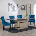 Venice Cream Marble Dining Set - Knocker Back Blue Velvet Fabric Dining Chair with Black Wooden Legs