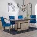 Venice Cream Marble Dining Set - Knocker Back Blue Velvet Fabric Dining Chair with Chrome Legs