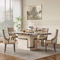 Venice Dining Set - 6 Seater - 160cm - Cream Marble - Paris Dining Chairs - Taupe Leather - Brown Legs
