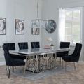 Vortex Grey Marble and Chrome Dining Set - Lion Knocker Back Black Velvet Fabric Dining Chair with Chrome Legs