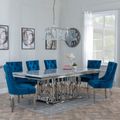 Vortex Grey Marble and Chrome Dining Set - Lion Knocker Back Blue Velvet Fabric Dining Chair with Chrome Legs