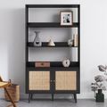 Clearance - Ferrero Black and Woven Rattan Open Shelving Unit with Cupboard