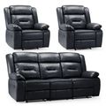 Novie Manual Recliner Sofa Set - Black Faux Leather - 3+1+1 Seater