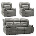 Novie Manual Recliner Sofa Set - Grey Faux Leather - 3+1+1 Seater