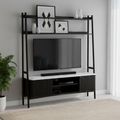 Soho Black TV Unit - 165cm - Slatted Ladder Large Storage - White Marble Top