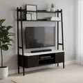 Soho Black TV Unit - Slatted Ladder Storage - White Marble Top