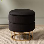 Storage Stool - Round - Black Velvet Fabric