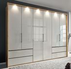 Asmara Wardrobe - 6 Door - Grey Glass and Oak Carcase - 4 Drawers