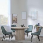 Bern Fluted Oak Effect 4 Seater Round Dining Set - 4 Darwin Green Fabric Dining Chair