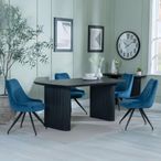 Bern Fluted Black Dining Set - Arctic Blue Velvet Fabric Swivel Dining Chair