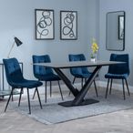 Maldon Grey Ceramic Dining Set - Corona Blue Fabric Dining Chair