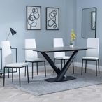 Maldon Grey Ceramic Dining Set - Metro White Leather Dining Chair with Black Legs