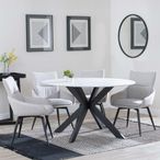 Novara White Ceramic 4 Seater Round Dining Set - 4 Ace Beige Fabric Swivel Dining Chair