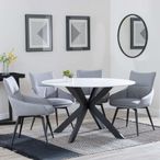 Novara White Ceramic 4 Seater Round Dining Set - 4 Ace Grey Fabric Swivel Dining Chair