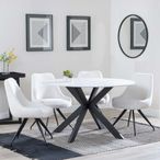 Novara White Ceramic 4 Seater Round Dining Set - 4 Arctic Cream Velvet Fabric Swivel Dining Chair