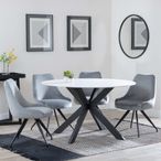 Novara White Ceramic 4 Seater Round Dining Set - 4 Arctic Grey Velvet Fabric Swivel Dining Chair