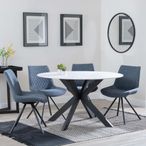 Novara White Ceramic 4 Seater Round Dining Set - 4 Boden Dark Grey Fabric Swivel Dining Chair