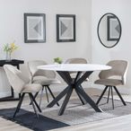 Novara White Ceramic 4 Seater Round Dining Set - 4 Ion Beige Velvet Fabric Swivel Dining Chair