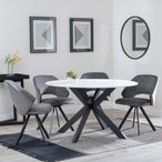 Novara White Ceramic 4 Seater Round Dining Set - 4 Ion Dark Grey Velvet Fabric Swivel Dining Chair