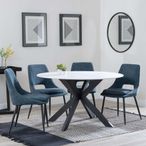 Novara White Ceramic 4 Seater Round Dining Set - 4 Peyton Blue Fabric Dining Chair