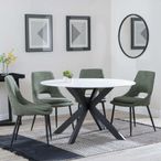 Novara White Ceramic 4 Seater Round Dining Set - 4 Peyton Green Fabric Dining Chair