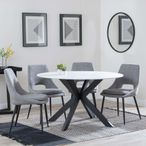 Novara White Ceramic 4 Seater Round Dining Set - 4 Peyton Grey Fabric Dining Chair