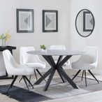 Novara Dining Set - 4 Seater - 130cm - Round - Grey Ceramic - 4x Arctic Dining Chairs - Cream Velvet Fabric - Swivel