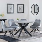 Novara Grey Ceramic 4 Seater Round Dining Set - 4 Arctic Grey Velvet Fabric Swivel Dining Chair